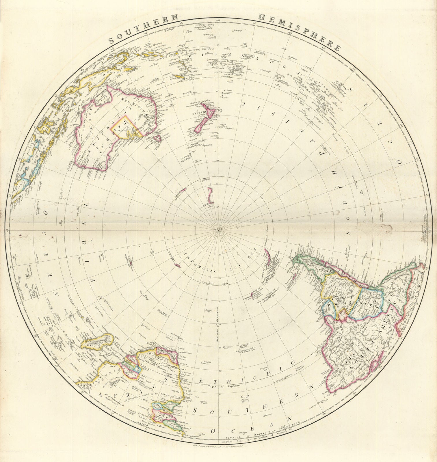 Southern Hemisphere by James Wyld. Australia South Africa/America 1844 old map